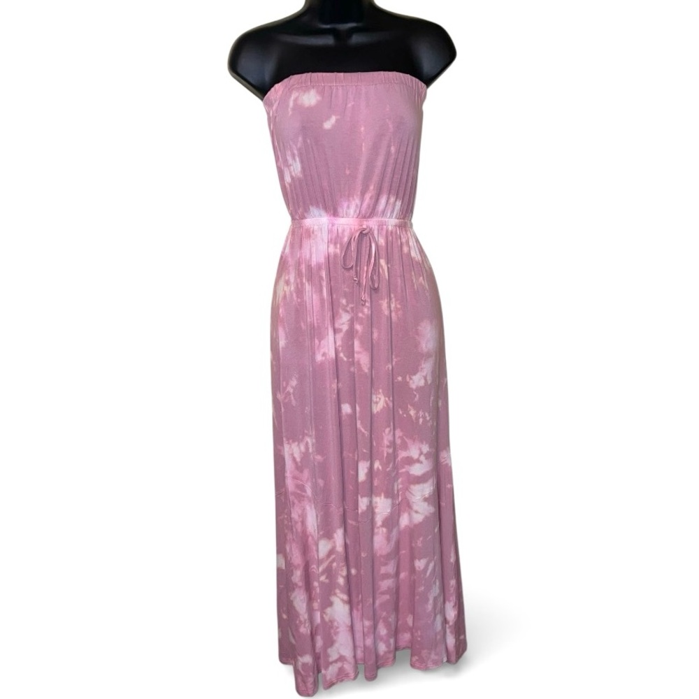 Rolla Coaster Pink & White Boho Stretchy Strapless Maxi Dress Waist Tie Size S - Picture 2 of 10